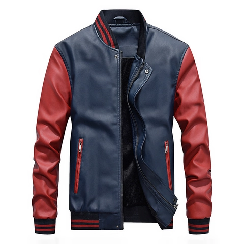 Ανδρικό Δερμάτινο Μπουφάν PU Varsity Bomber Style Color Block Με Επένδυση Fleece Αντιανεμικό Casual Πανωφόρι Χειμερινό Παλτό