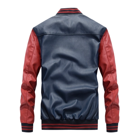 Ανδρικό Δερμάτινο Μπουφάν PU Varsity Bomber Style Color Block Με Επένδυση Fleece Αντιανεμικό Casual Πανωφόρι Χειμερινό Παλτό