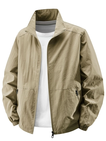 Men Casual Stand Collar Lightweight Jacket Windproof Nylon Zip Up Outerwear For Outdoor Daily Wear Solid Color Basic Coat