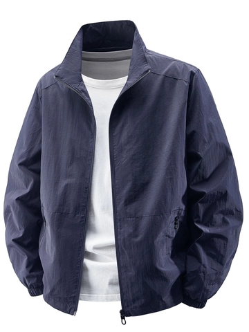 Men Casual Stand Collar Lightweight Jacket Windproof Nylon Zip Up Outerwear For Outdoor Daily Wear Solid Color Basic Coat