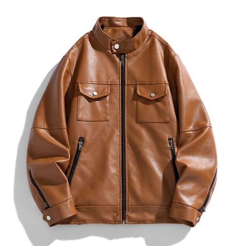 Chaqueta de Cuero PU para Hombre Cuello Alzado Corte Slim Abrigo Biker Casual Primavera Otoño Ropa de Abrigo Con Cremallera Bolsillos