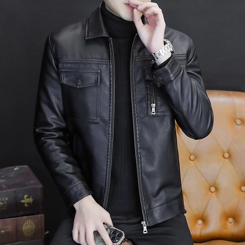 Men's PU Leather Motorcycle Jacket Vintage Lapel Zip Up Jacket Casual Autumn Winter Coat Multi Pocket Racing Jacket For Men
