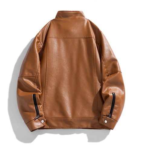 Chaqueta de Cuero PU para Hombre Cuello Alzado Corte Slim Abrigo Biker Casual Primavera Otoño Ropa de Abrigo Con Cremallera Bolsillos