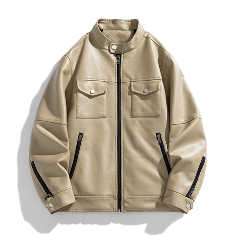 Men Fashion Stand Collar PU Leather Jacket Casual Motorcycle Outwear Solid Color Zipper Coat With Pockets For Autumn Winter