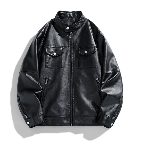 Men Fashion Stand Collar PU Leather Jacket Casual Motorcycle Outwear Solid Color Zipper Coat With Pockets For Autumn Winter