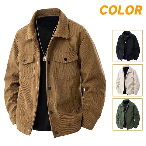 Mens Vintage Corduroy Jacket Casual Long Sleeve Workwear Cargo Coat Windproof Outerwear For Spring Autumn Male Jackets
