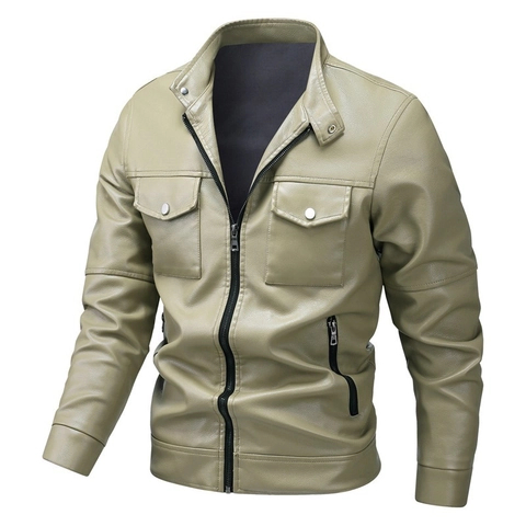 Herren Slim Fit Kunstlederjacke Stehkragen Reißverschluss Motorrad Biker PU Mantel Mit Mehreren Taschen Casual Outerwear