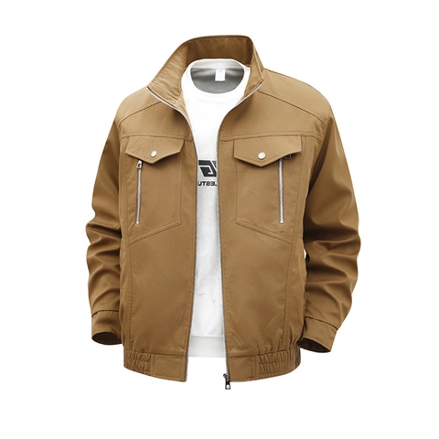 Herren Stehkragen Workwear Jacke Amerikanische Vintage Outdoor Mehrfachtaschen Reißverschluss Mantel Einfarbig Locker Passform