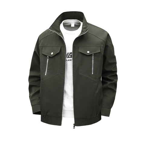 Herren Stehkragen Workwear Jacke Amerikanische Vintage Outdoor Mehrfachtaschen Reißverschluss Mantel Einfarbig Locker Passform