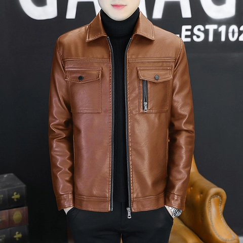 Chaqueta de Cuero Sintético para Hombre PU Forro Polar Solapa Cremallera Abrigo Casual Invierno Ropa de Abrigo Multibolsillo Ajuste Regular Bomber