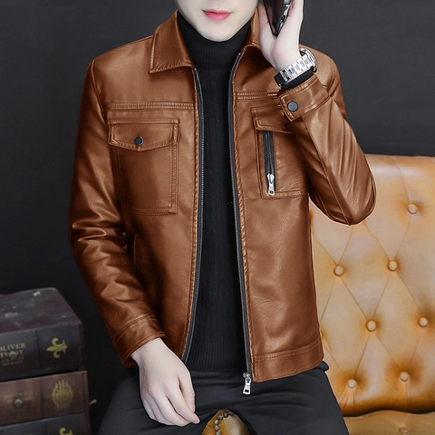 Chaqueta de Cuero Sintético para Hombre PU Forro Polar Solapa Cremallera Abrigo Casual Invierno Ropa de Abrigo Multibolsillo Ajuste Regular Bomber