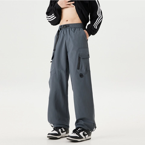 Men Cargo Pants Polyester Multi Pocket Adjustable Drawstring Hem Elastic Waist Tactical Streetwear Fashion Outdoor Trousers
