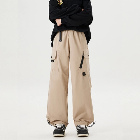 Men Cargo Pants Polyester Multi Pocket Adjustable Drawstring Hem Elastic Waist Tactical Streetwear Fashion Outdoor Trousers