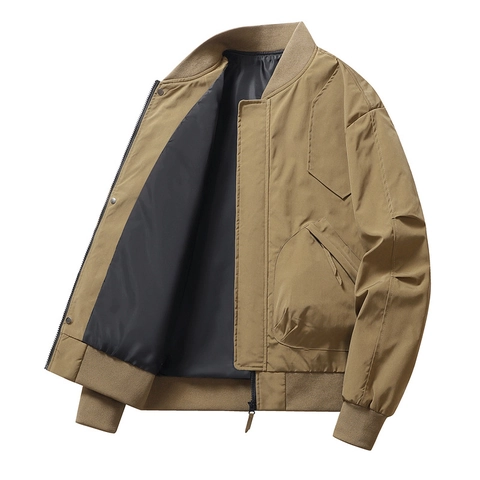 Men's Casual Bomber Jacket Polyester Windproof Stand Collar Flight Jacket With Ribbed Cuffs Loose Fit Outerwear For Men