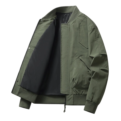 Men's Casual Bomber Jacket Polyester Windproof Stand Collar Flight Jacket With Ribbed Cuffs Loose Fit Outerwear For Men