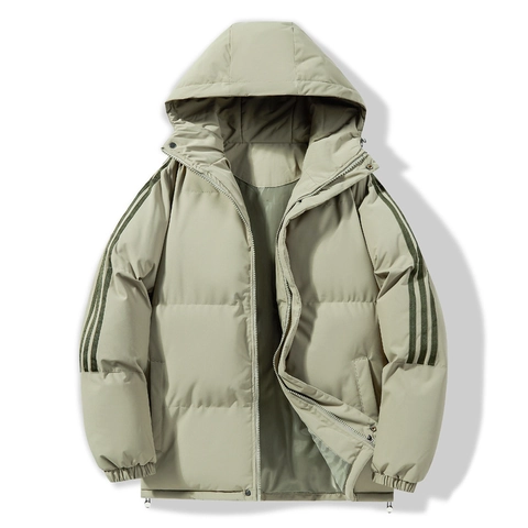 Unisex Sporty Hooded Padded Jacket Linen Fabric Three Stripes Design Thickened Warm Winter Outerwear Casual Puffer Coat