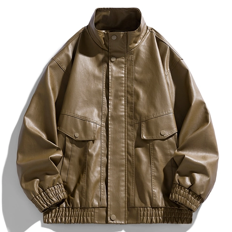 Veste en Cuir PU Décontractée pour Hommes Mode Col Montant Veste Bomber Workwear Manteau Coupe-Vent en Similicuir pour Hommes