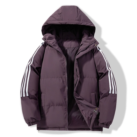 Unisex Sporty Hooded Padded Jacket Linen Fabric Three Stripes Design Thickened Warm Winter Outerwear Casual Puffer Coat