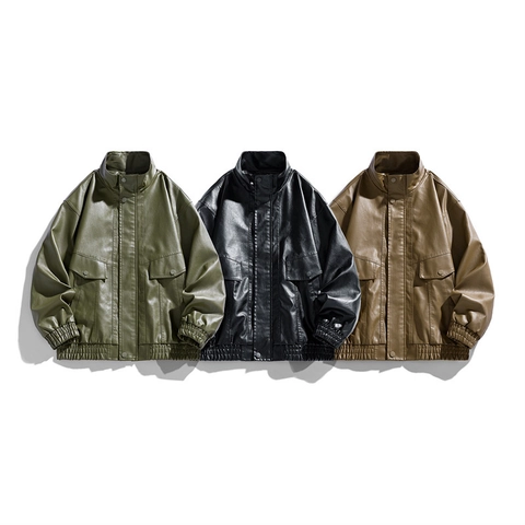 Chaqueta de Cuero PU de Motocicleta Retro Americana para Hombre Chaqueta Bomber Holgada Casual con Cuello Alto y Bolsillos Grandes Ropa de Otoño
