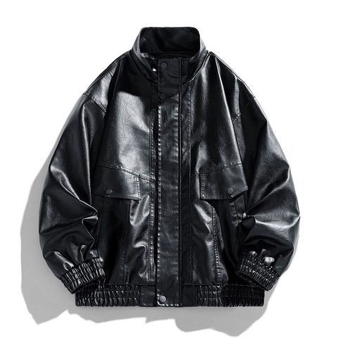 Chaqueta de Cuero PU de Motocicleta Retro Americana para Hombre Chaqueta Bomber Holgada Casual con Cuello Alto y Bolsillos Grandes Ropa de Otoño