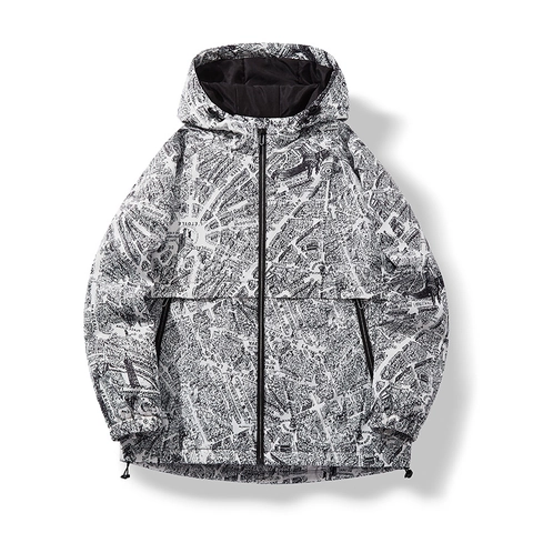 Veste à Capuche pour Hommes avec Imprimé Carte de la Ville Coupe-vent Imperméable Parka de Randonnée Décontractée
