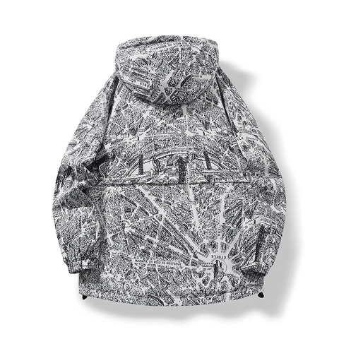 Veste à Capuche pour Hommes avec Imprimé Carte de la Ville Coupe-vent Imperméable Parka de Randonnée Décontractée