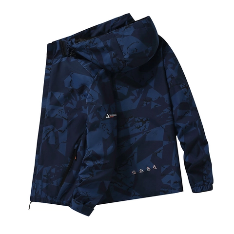 Men Hooded Windbreaker Jacket Waterproof Windproof Geometric Camouflage Outdoor Hiking Sports Casual Lightweight Top