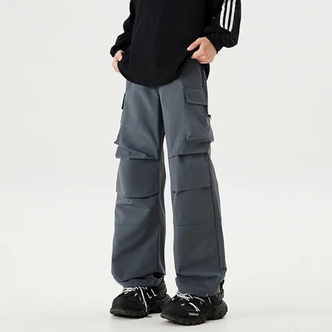 Men American Streetwear Loose Wide Leg Cargo Pants Windproof Waterproof Ripstop Multi Pocket Paratrooper Straight Casual Trousers