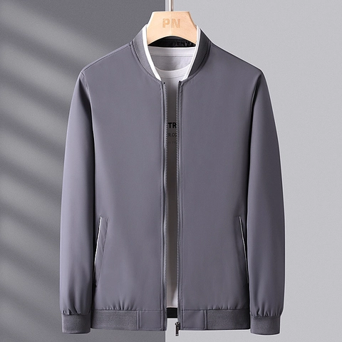 Men Business Casual Baseball Collar Jacket 100% Polyester Lightweight Windproof Zipper Coat With Striped Trim For Men Outerwear