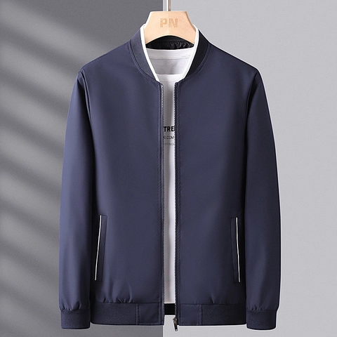 Men Business Casual Baseball Collar Jacket 100% Polyester Lightweight Windproof Zipper Coat With Striped Trim For Men Outerwear