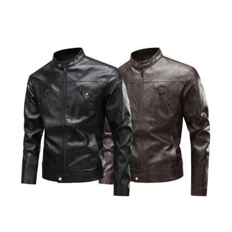 Chaqueta de Moto de Cuero Sintético para Hombre Vintage Cuello Alto Ajuste Regular Resistente al Viento Biker Outwear Estilo Casual