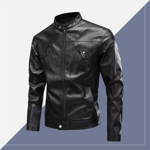 Chaqueta de Moto de Cuero Sintético para Hombre Vintage Cuello Alto Ajuste Regular Resistente al Viento Biker Outwear Estilo Casual