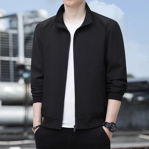 Men Casual Stand Collar Jacket 100% Polyester Zipper Windproof Coat For Daily Outdoor Fashion Solid Color Outerwear For Men