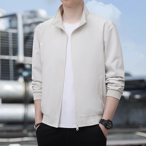 Men Casual Stand Collar Jacket 100% Polyester Zipper Windproof Coat For Daily Outdoor Fashion Solid Color Outerwear For Men