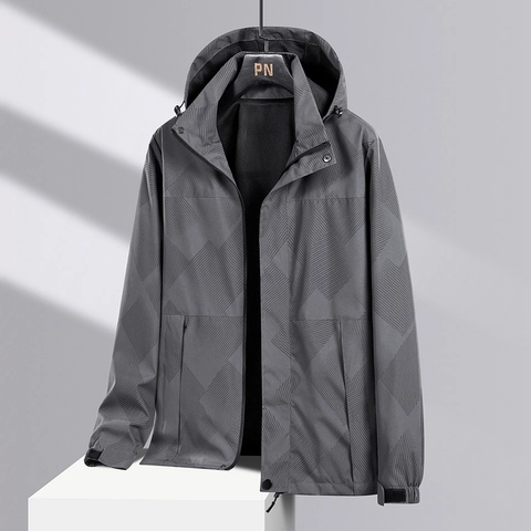 Men's Outdoor Hooded Jacket Windproof Waterproof Geometric Print Zip Up Casual Coat Breathable Lightweight Spring Autumn Jacket Outerwear