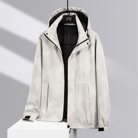 Men's Outdoor Hooded Jacket Windproof Waterproof Geometric Print Zip Up Casual Coat Breathable Lightweight Spring Autumn Jacket Outerwear