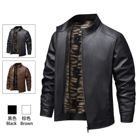 Veste en Cuir PU pour Hommes Mode Col Montant Fermeture Éclair Doublée de Polaire Coupe-vent Smart Casual Vêtements de Dessus Manteaux pour Hiver Automne