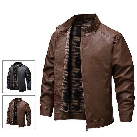 Veste en Cuir PU pour Hommes Mode Col Montant Fermeture Éclair Doublée de Polaire Coupe-vent Smart Casual Vêtements de Dessus Manteaux pour Hiver Automne