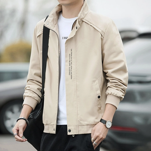 Men Casual Jacket Polyester Stand Collar Windproof Urban Streetwear Loose Solid Color Outwear For Men Teenager Daily Wear