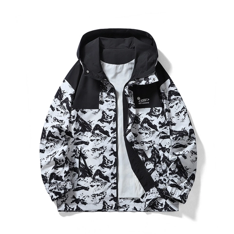 Herren Winddichte Kapuzenjacke 100% Polyester Berglandschaftsdruck Color-Block Streetwear Outdoor Lässiger Mantel Für Herren Jugendliche