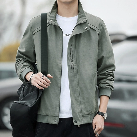 Men Casual Jacket Polyester Stand Collar Windproof Urban Streetwear Loose Solid Color Outwear For Men Teenager Daily Wear