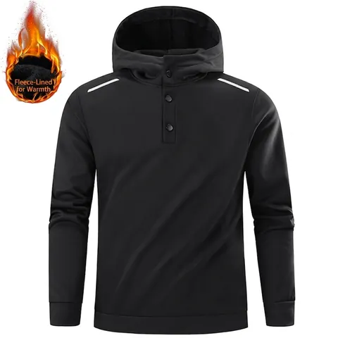 Heren Casual Fleece Hoodie Met Knoopkraag Reflecterende Schouderstrips Warme Polyester Pullover Sportief Sweatshirt