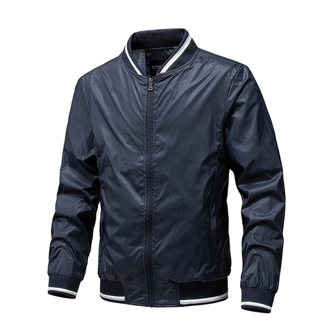 Men's Casual Lightweight Bomber Jacket Windproof Polyester Breathable Zipper Coat With Ribbed Stripe Detail Fashion Outerwear