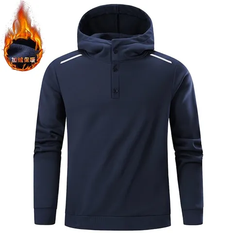 Heren Casual Fleece Hoodie Met Knoopkraag Reflecterende Schouderstrips Warme Polyester Pullover Sportief Sweatshirt
