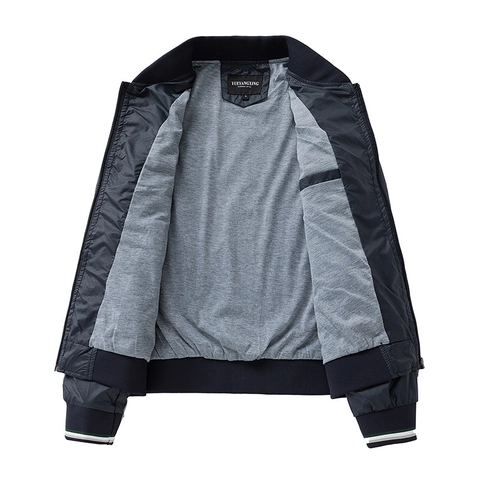 Men's Casual Lightweight Bomber Jacket Windproof Polyester Breathable Zipper Coat With Ribbed Stripe Detail Fashion Outerwear
