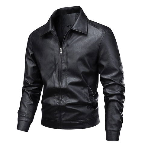 Men Casual PU Leather Jacket Lapel Collar Slim Fit Windproof Solid Color Zipper Coat For Spring Autumn Urban Outerwear