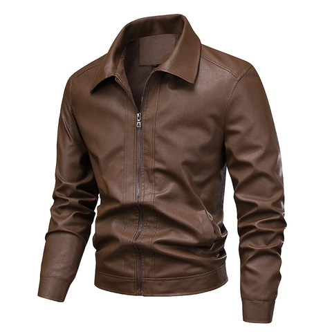 Men Casual PU Leather Jacket Lapel Collar Slim Fit Windproof Solid Color Zipper Coat For Spring Autumn Urban Outerwear