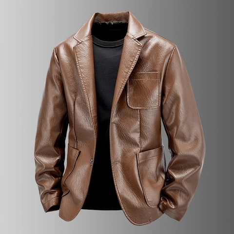 Men Casual PU Leather Blazer Jacket Vintage Solid Color Single Breasted Coat With Litchi Texture For Spring Autumn
