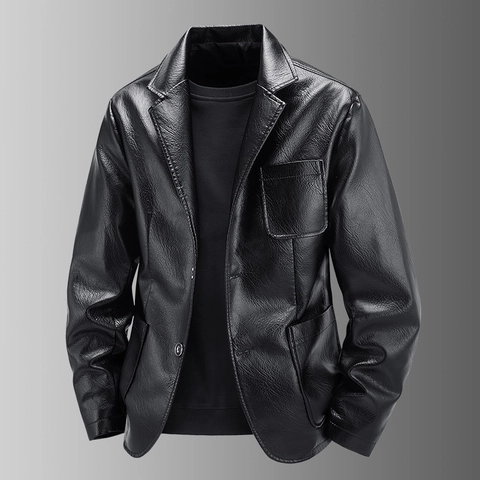 Men Casual PU Leather Blazer Jacket Vintage Solid Color Single Breasted Coat With Litchi Texture For Spring Autumn