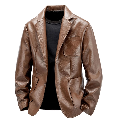 Men's Slim Fit PU Leather Jacket Casual Blazer Suit Lapel Collar Single Breasted Windproof Solid Color Spring Autumn Outwear